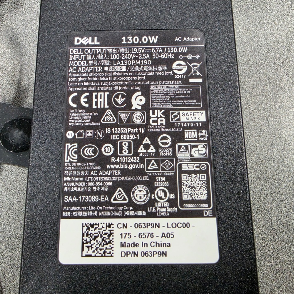 Dell AC Adapter Laptop Charger 130W Black Excellent LA130PM190 063P9N 19.5V 6.7A